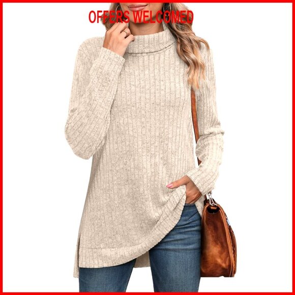 Sweaters - Oversized Turtleneck Tunic Top Long Sleeve Side Split High Low Hem Sweater